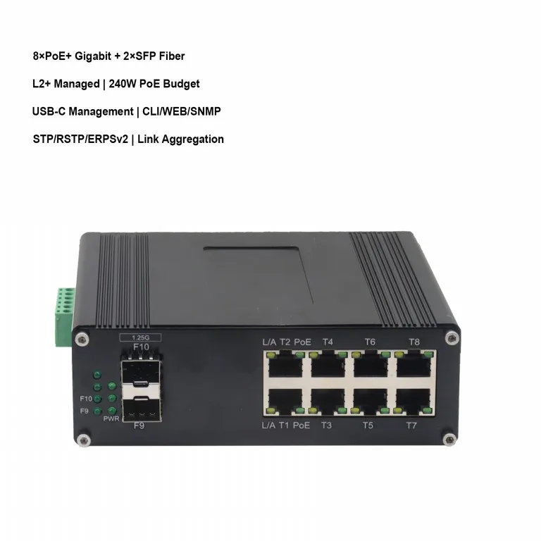 8+2 L2+ Industrial Managed Ethernet Switch + DIP Switch